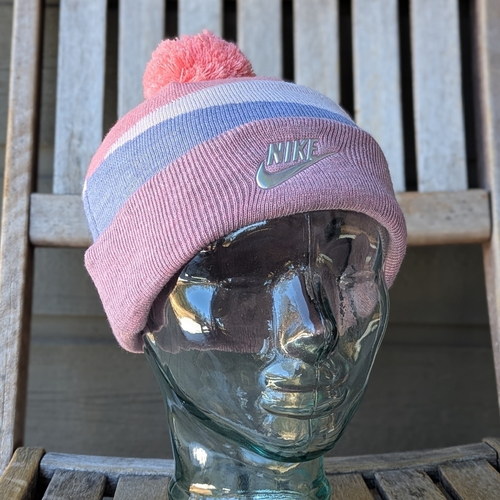 Nike Kids Pink Lavender Coral Silver Swoosh Pom Pom Beanie Youth One Size